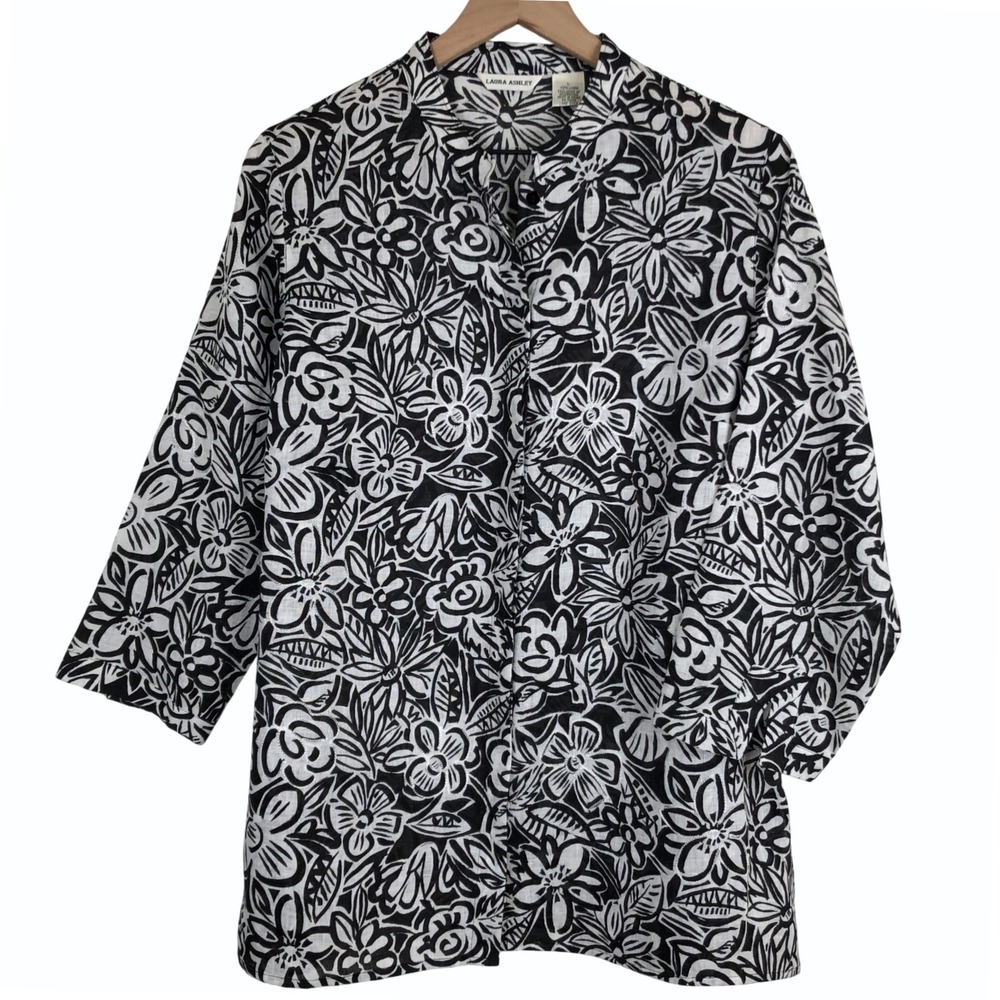 LAURA ASHLEY 100% Linen Embroidered Tunic Shirt Sz L Black White Floral 3/4 Slv
